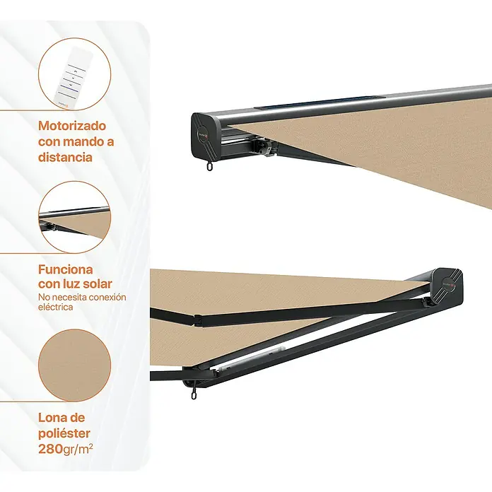 SmartSun Toldo de cofre completo Dark Fiji - Beige, Ancho: 3,95 m, Caída: 3 m - Imagen de un toldo motorizado con mando a distancia, alimentado por energía solar y tejido de poliéster de 280g/m².