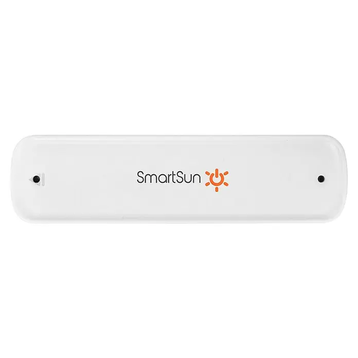 SmartSun Sensor de viento para toldos - A batería, Blanco, 15 x 4 x 2,5 cm - Un dispositivo SmartSun blanco con bordes redondeados y el logotipo de SmartSun centrado, que representa tecnología solar moderna e innovadora.