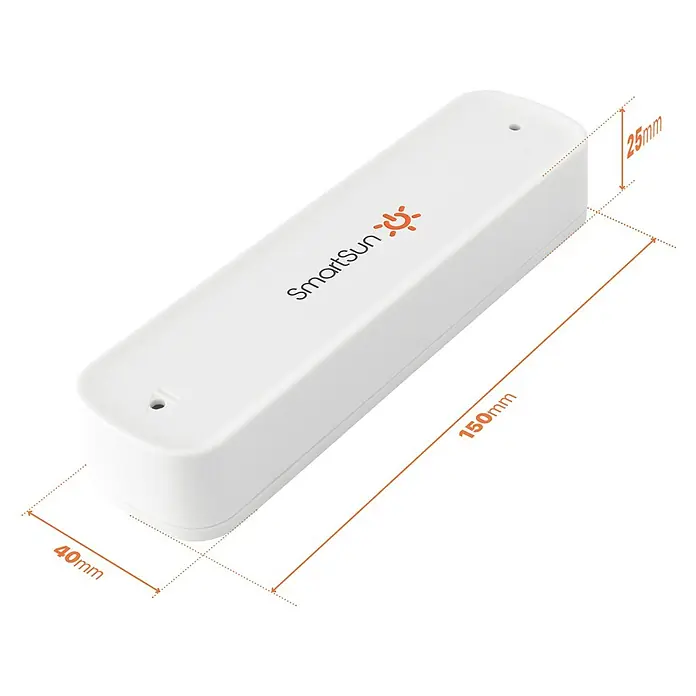 SmartSun Sensor de viento para toldos - A batería, Blanco, 15 x 4 x 2,5 cm - Imagen de un dispositivo SmartSun blanco con dimensiones (25 mm de altura, 40 mm de ancho, 150 mm de largo) para uso doméstico inteligente.