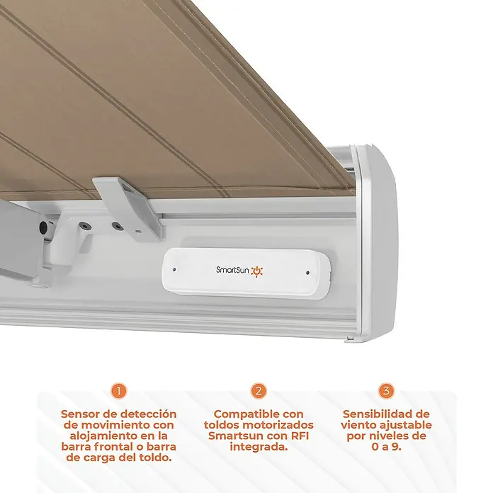 SmartSun Sensor de viento para toldos - A batería, Blanco, 15 x 4 x 2,5 cm - Primer plano de un toldo SmartSun con sensor de movimiento, compatible con toldos SmartSun motorizados y sensibilidad al viento ajustable.