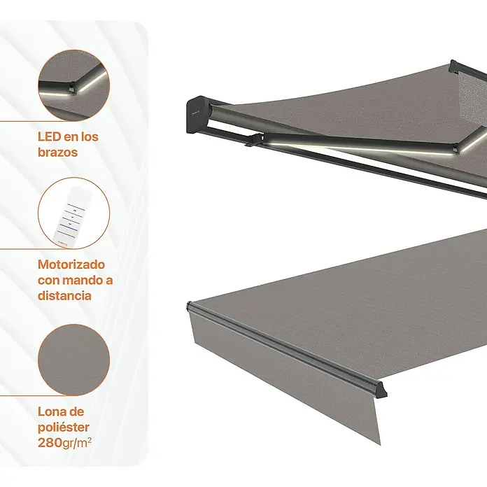 SmartSun Toldo con motor Dark Vivant - Gris piedra, Ancho: 4,75 m, Caída: 3 m - Primer plano de un toldo elegante con iluminación LED, control motorizado y tejido de poliéster resistente.