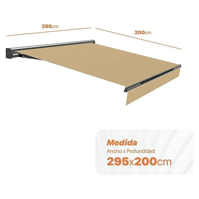 SmartSun Toldo de brazos extensibles LED solar Dark Vivant - Beige, Ancho: 3 m, Caída: 2 m - Imagen de un toldo con dimensiones de 295x200cm. El toldo es de color claro y parece adecuado para uso exterior.