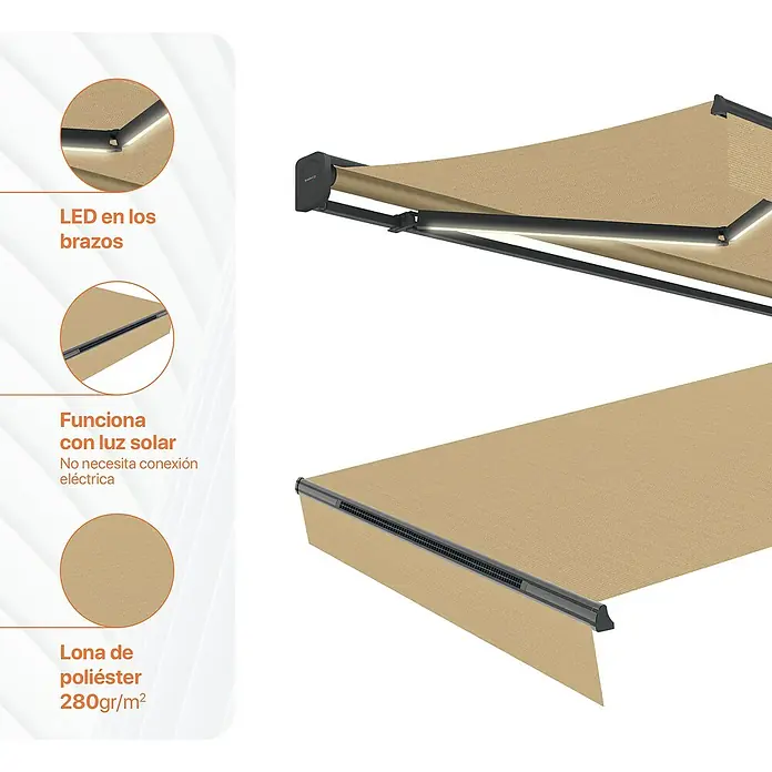 SmartSun Toldo de brazos extensibles LED solar Dark Vivant - Beige, Ancho: 3 m, Caída: 2 m - Toldo con iluminación LED, función solar y tejido de poliéster (280 g/m²) para uso en exteriores.
