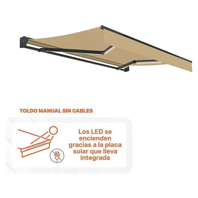 SmartSun Toldo de brazos extensibles LED solar Dark Vivant - Beige, Ancho: 3 m, Caída: 2 m - Imagen de un toldo manual sin cables con una placa solar integrada que alimenta los LED.
