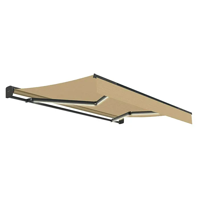 SmartSun Toldo de brazos extensibles LED solar Dark Vivant - Beige, Ancho: 3 m, Caída: 2 m - Primer plano de un toldo moderno con marco negro y tela beige, que proporciona sombra y un diseño elegante.