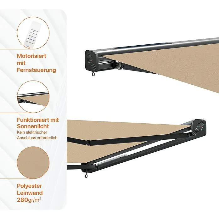 SmartSun Vollkassettenmarkise Fiji Solar Motion - Beige, Breite: 4,75 m, Ausfall: 3 m - Bild einer motorisierten Sonnenmarkise mit Fernbedienung, die mit Sonnenlicht betrieben wird. Das Tuch ist aus Polyester-Leinwand (280gr/m²).