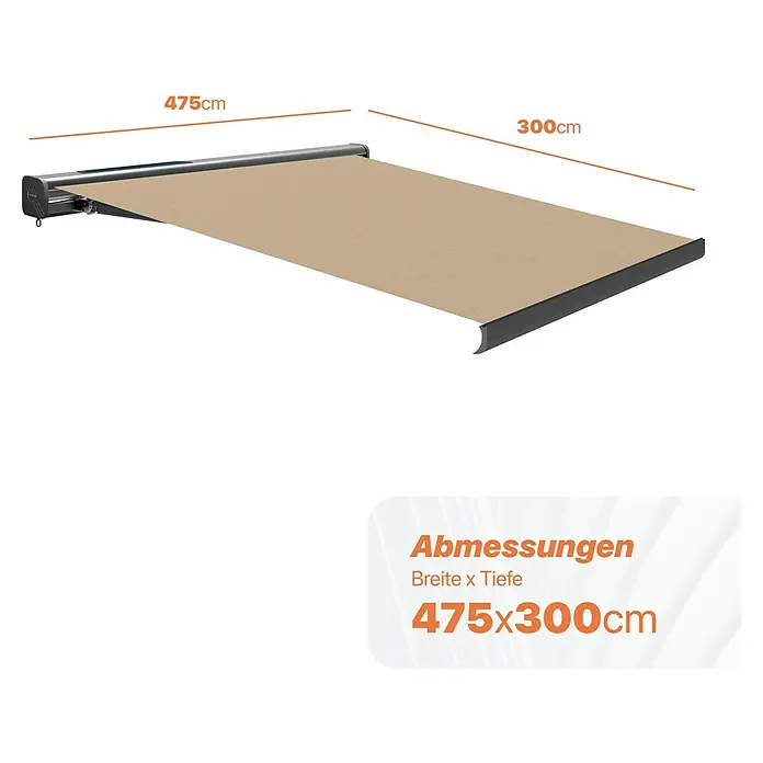 SmartSun Vollkassettenmarkise Fiji Solar Motion - Beige, Breite: 4,75 m, Ausfall: 3 m - Bild einer Markise mit den Maßen 475x300cm. Die Markise ist hellbraun und hat ein dunkles Gestell. Die Maße sind eingezeichnet.