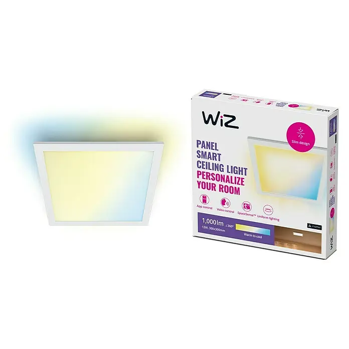 Philips Wiz LED-Panel Tunable White Slim Design - 12 W, L x B x H: 30 x 30 x 4,2 cm, Weiß, Kaltweiß - Abbildung eines WiZ Smart LED-Panels zur Deckenmontage mit anpassbarer Beleuchtung und zugehöriger Verpackung.