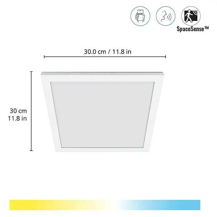 Philips Wiz LED-Panel Tunable White Slim Design - 12 W, L x B x H: 30 x 30 x 4,2 cm, Weiß, Kaltweiß - Abbildung einer quadratischen LED-Deckenleuchte in Weiß mit Größenangaben.