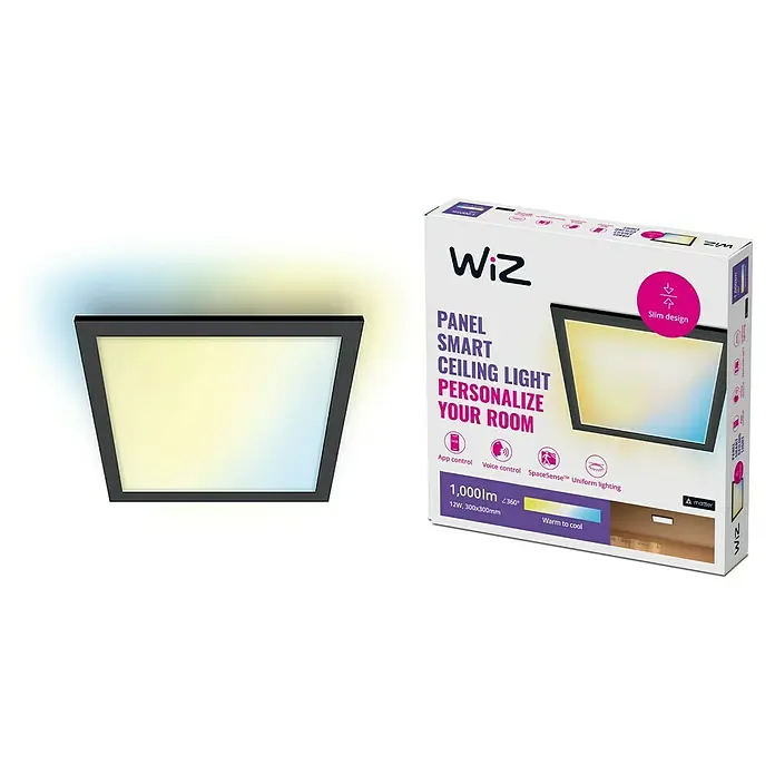 Philips Wiz LED-Panel Tunable White Slim Design - 12 W, L x B x H: 30 x 30 x 4,2 cm, Schwarz, Kaltweiß - Das Bild zeigt ein WiZ Smart Panel Deckenlicht mit schlankem Design, das sich ideal zur Personalisierung Ihres Raums eignet.