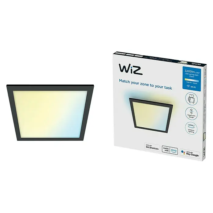 Philips Wiz LED-Panel Tunable White Slim Design - 36 W, L x B x H: 60 x 60 x 4,2 cm, Schwarz, Kaltweiß - Das Bild zeigt eine WiZ LED Deckenleuchte und ihre Verpackung. Die Leuchte bietet warmes bis kühles Licht und ist intelligent steuerbar.