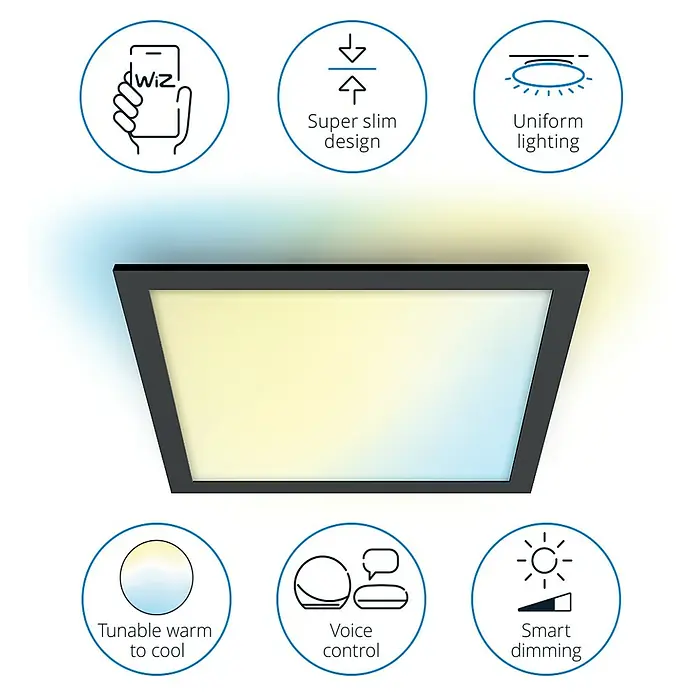 Philips Wiz LED-Panel Tunable White Slim Design - 36 W, L x B x H: 60 x 60 x 4,2 cm, Schwarz, Kaltweiß - Produktbild einer LED-Deckenleuchte mit verschiedenen Funktionen wie App-Steuerung, Sprachsteuerung und Dimmfunktion.