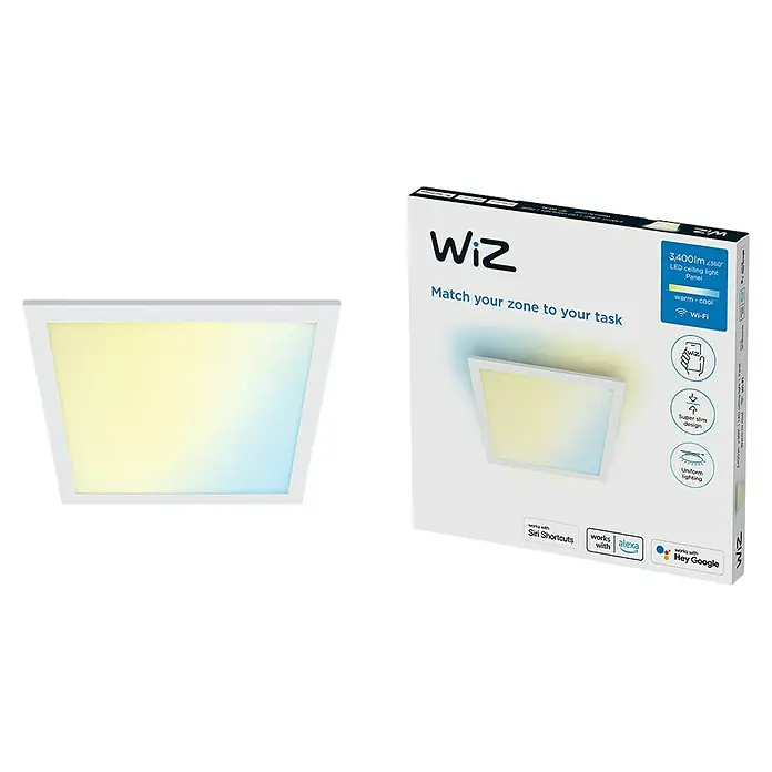 Philips Wiz LED-Panel Tunable White Slim Design - 36 W, L x B x H: 60 x 60 x 4,2 cm, Weiß, Kaltweiß - Ein WiZ LED Deckenpanel mit einer Lichtleistung von 3.400 Lumen, warm-kalt einstellbar, sowie die Produktverpackung.