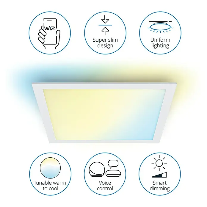 Philips Wiz LED-Panel Tunable White Slim Design - 36 W, L x B x H: 60 x 60 x 4,2 cm, Weiß, Kaltweiß - Produktbild einer smarten, dimmbaren LED-Deckenleuchte mit verschiedenen Farbtemperaturen und Steuerung per App oder Sprachassistent.