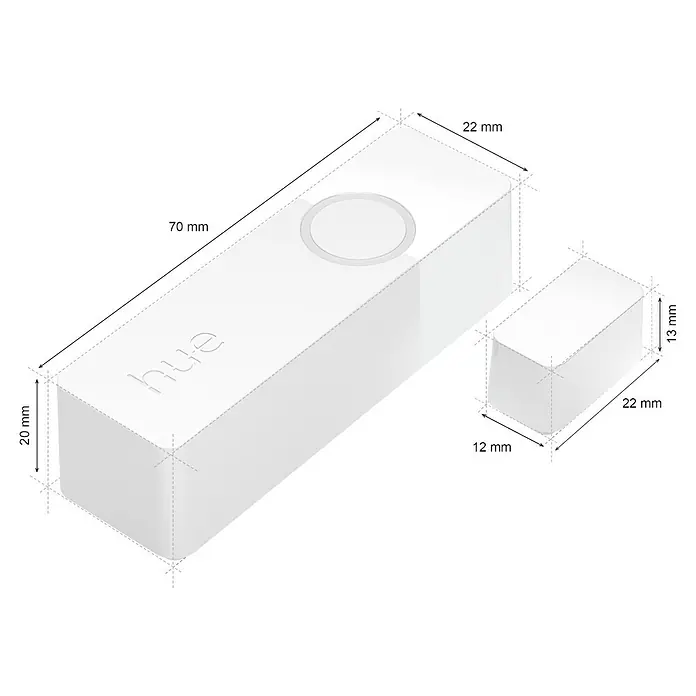 Philips Hue Sensor de ventana y puerta - Blanco, ZigBee, 1 unidad - La imagen muestra un dispositivo doméstico inteligente Philips Hue. El dispositivo es blanco y tiene una forma alargada con esquinas redondeadas.