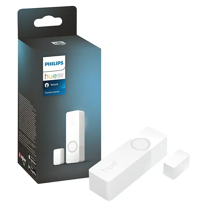 Philips Hue Sensor de ventana y puerta - Blanco, ZigBee, 1 unidad - Sensor de contacto Philips Hue Secure en su caja y también presentado solo. El sensor es blanco y se utiliza para el control de puertas y ventanas.