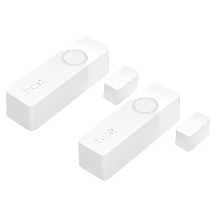 Philips Hue Sensor de ventana y puerta - Blanco, ZigBee, 2 unidades - La imagen muestra dos sensores de movimiento Philips Hue con sus sensores compañeros en blanco minimalista. Los detectores de movimiento en el centro.