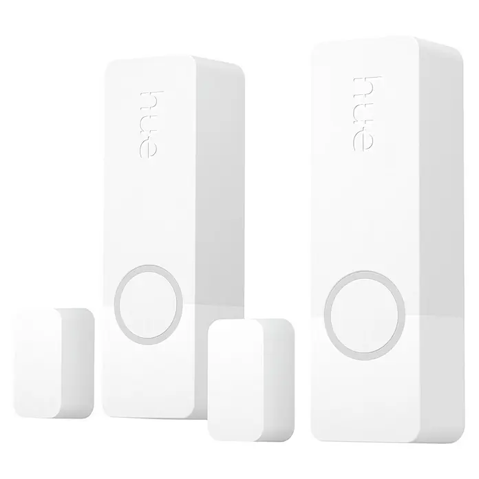Philips Hue Sensor de ventana y puerta - Blanco, ZigBee, 2 unidades - Dos interruptores Philips Hue Dimmer y dos pequeños módulos incluidos en blanco, sobre un fondo neutro.