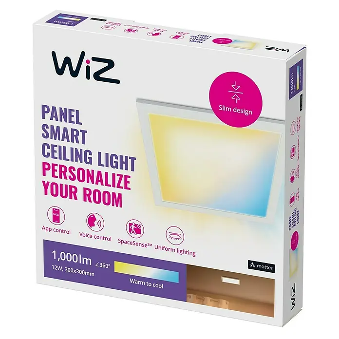 Philips Wiz LED-Panel Tunable White Slim Design - 12 W, L x B x H: 30 x 30 x 4,2 cm, Weiß, Kaltweiß - Produktverpackung für eine smarte Wiz LED Deckenleuchte mit App- und Sprachsteuerung, schlankem Design und einstellbarer Farbtemperatur.