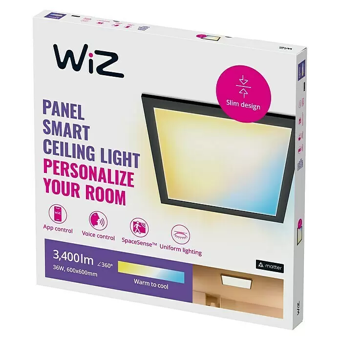 Philips Wiz LED-Panel Tunable White Slim Design - 36 W, L x B x H: 60 x 60 x 4,2 cm, Schwarz, Kaltweiß - Verpackung des Wiz smarten LED-Deckenlichtpanels. Weiße Box mit Produktbild, 'Slim design', 'App/Sprachsteuerung' und 'Warm zu kühl' Funktionen.