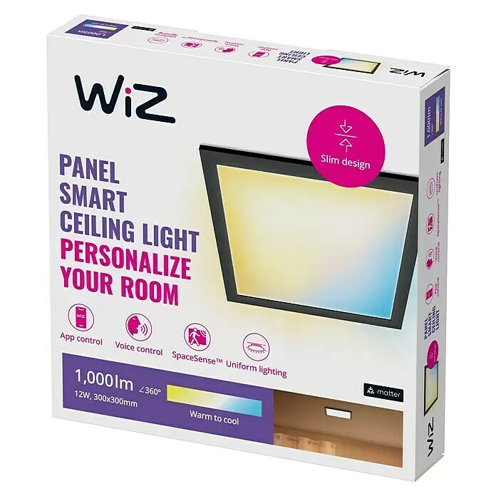 Philips Wiz LED-Panel Tunable White Slim Design - 12 W, L x B x H: 30 x 30 x 4,2 cm, Schwarz, Kaltweiß - WiZ Panel Smart Deckenleuchte Produktverpackung, weiß mit mehrfarbiger Beschriftung und Funktionen.