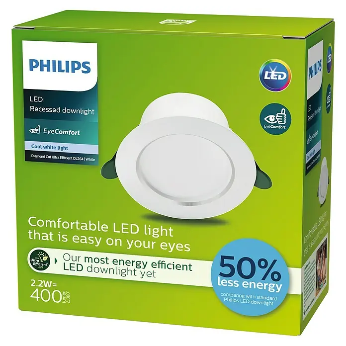 Philips Downlight LED empotrable Diamond Cut - 2,2 W, Ø x Al: 10,5 x 4,95 cm, Blanco, Blanco neutro - Imagen de un foco empotrable LED de Philips, que promete una iluminación cómoda y energéticamente eficiente para los ojos.