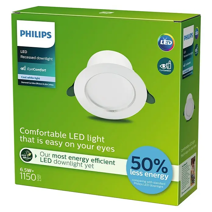 Philips Downlight LED empotrable Diamond Ultra Clase A - 6,5 W, Ø x Al: 15 x 4,95 cm, Blanco, Blanco neutro - El embalaje de un downlight empotrable LED de Philips, que ofrece una luz blanca fría de bajo consumo con tecnología EyeComfort.