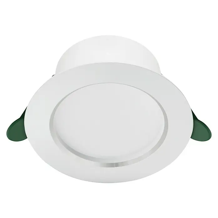 Philips Downlight LED empotrable Diamond Ultra Clase A - 6,5 W, Ø x Al: 15 x 4,95 cm, Blanco, Blanco neutro - La imagen muestra un foco LED empotrable en el techo de color blanco con forma redonda y clips de montaje verdes, tomado desde arriba.