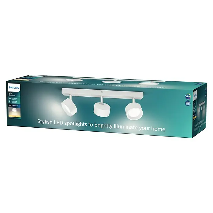 Philips Regleta LED Bracia - 16,5 W, L x An x Al: 43 x 8 x 12,5 cm, Blanco, Blanco cálido, 3 ud. - El embalaje de los focos LED Philips. Elegantes focos LED para iluminar brillantemente tu hogar. Material de alta calidad con cabezal ajustable.
