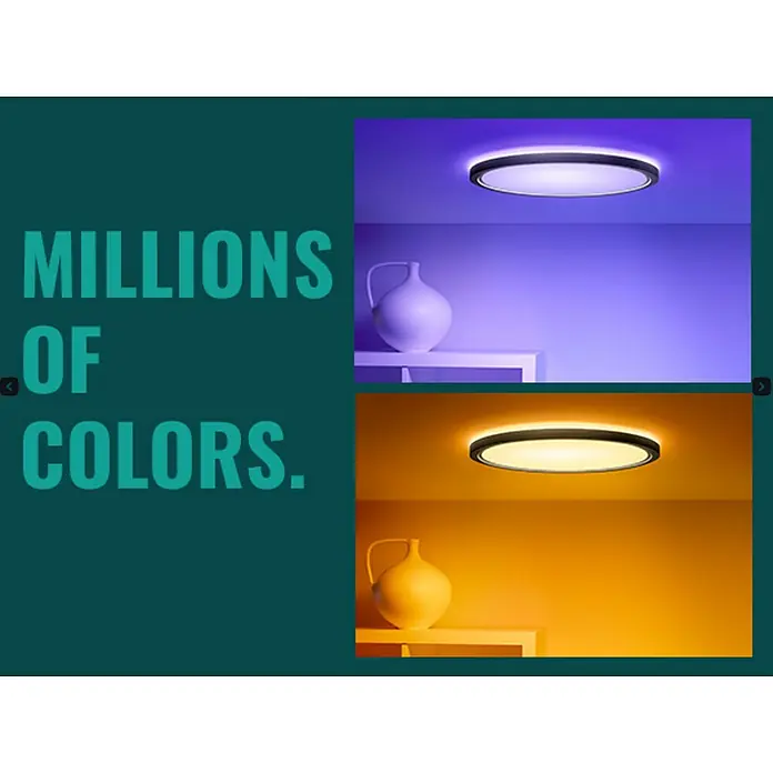 Philips Wiz Smart-LED-Deckenleuchte rund Tunable White & Color SuperSlim - 32 W, Ø x H: 55 x 4,8 cm, Weiß, RGBW - Intelligente Deckenleuchte mit Millionen von Farben. Die Lampe ist in verschiedenen Farbtönen dargestellt, von Violett bis Gelb.