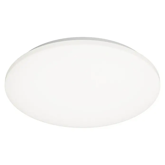 Philips Plafón LED redondo Izso - 40 W, Ø x Al: 47 x 7 cm, Blanco, Blanco cálido - Una lámpara de techo LED blanca. La luz es redonda con una cubierta blanca y un marco gris, perfecta para cualquier decoración moderna.