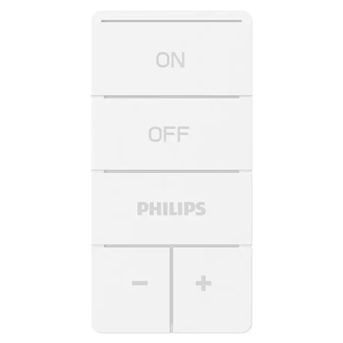 Philips Plafón LED redondo Izso - 40 W, Ø x Al: 47 x 7 cm, Blanco, Blanco cálido - Primer plano de un interruptor de atenuación Philips Hue V2, con botones de encendido/apagado, logotipo de Philips y controles de atenuación.