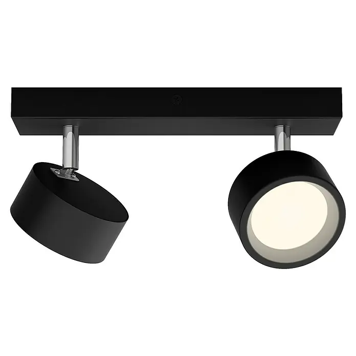 Philips Regleta LED Bracia - 11 W, L x An x Al: 26 x 8 x 12,5 cm, Negro, Blanco cálido, 2 ud. - Primer plano de una lámpara de techo LED negra con dos focos ajustables con vástagos cromados.