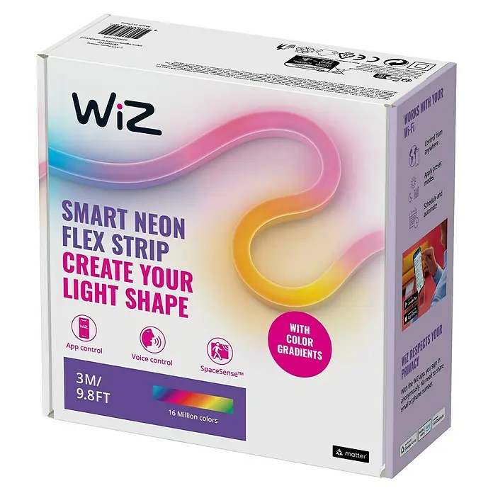 Philips Wiz Tira LED inteligente Neón - Largo: 3 m, RGBW, 24 W, 150 lm - Embalaje de la Wiz Smart Neon Flex Strip, que ofrece iluminación flexible con degradados de color para crear formas de luz creativas.