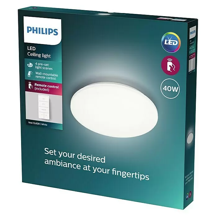 Philips Plafón LED redondo Izso - 40 W, Ø x Al: 47 x 7 cm, Blanco, Blanco cálido - Plafón LED Philips Izso CL620 40W blanco, en su embalaje. Incluye 4 escenas preestablecidas y control remoto.