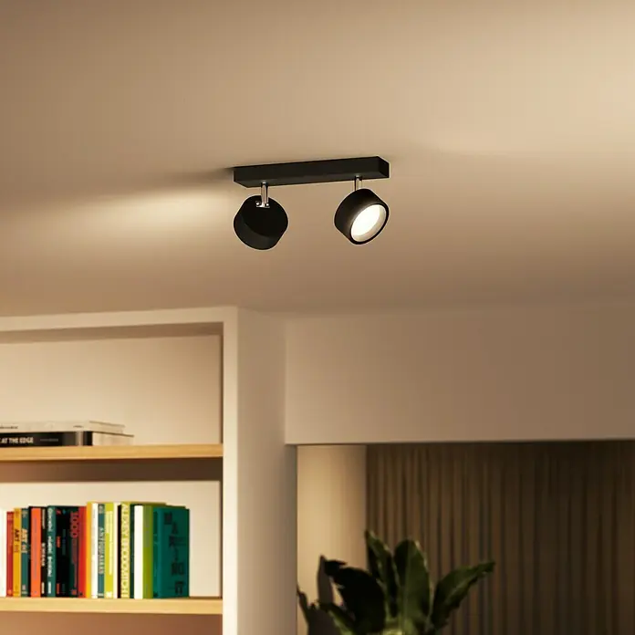 Philips Regleta LED Bracia - 11 W, L x An x Al: 26 x 8 x 12,5 cm, Negro, Blanco cálido, 2 ud. - Lámpara de techo negra moderna con dos focos ajustables para una iluminación flexible y elegante de la habitación.