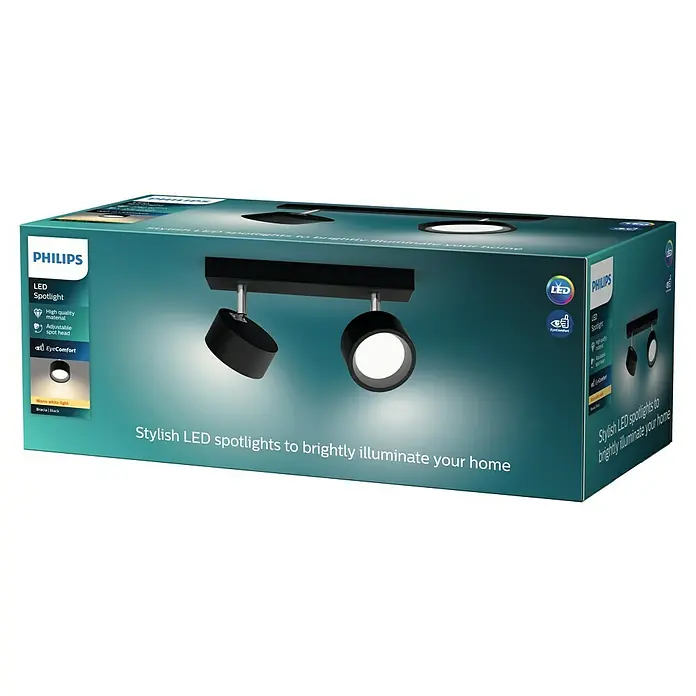 Philips Regleta LED Bracia - 11 W, L x An x Al: 26 x 8 x 12,5 cm, Negro, Blanco cálido, 2 ud. - Embalaje del producto: foco LED Philips para una iluminación elegante y brillante. Material de alta calidad, cabezal ajustable y EyeComfort.