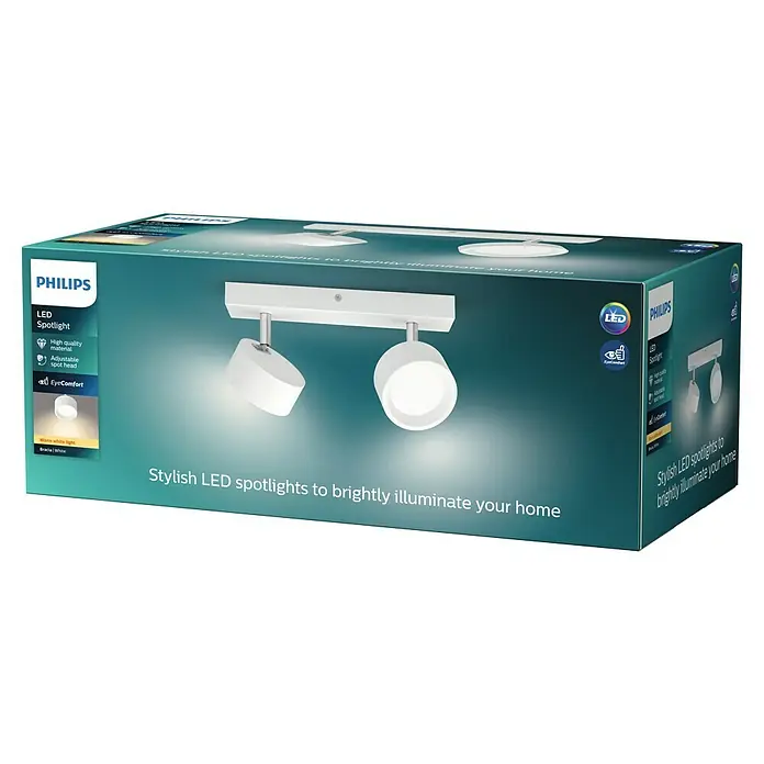 Philips Regleta LED Bracia - 11 W, L x An x Al: 26 x 8 x 12,5 cm, Blanco, Blanco cálido, 2 ud. - Embalaje de un foco LED Philips con la inscripción "Elegantes focos LED para iluminar brillantemente tu hogar".