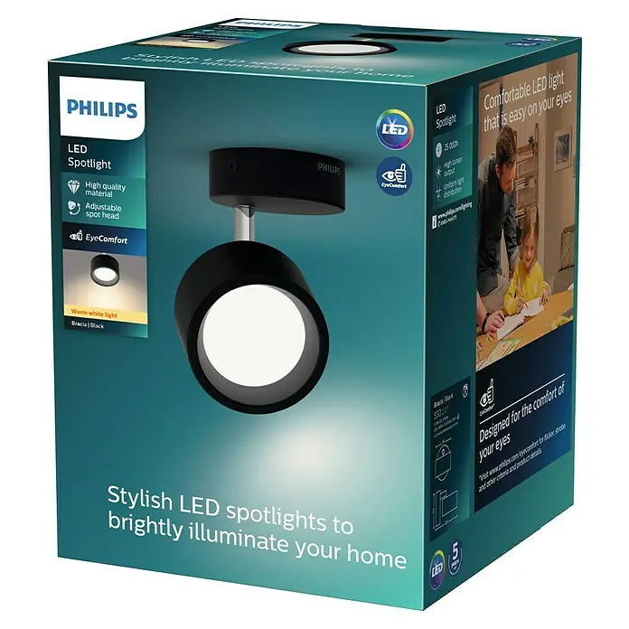 Philips Regleta LED Bracia - 5,5 W, L x An x Al: 9 x 9 x 12,5 cm, Negro, Blanco cálido, 1 ud. - Imagen del embalaje de un foco LED Philips Bracia en negro, que promete iluminación elegante y confort visual.