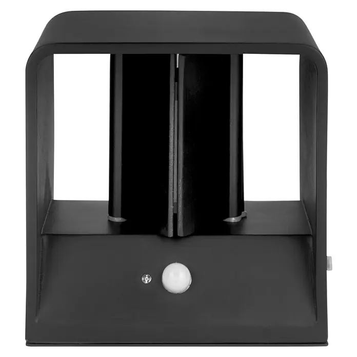Lavida Aplique de pared con batería Lucca - L x An x Al: 10 x 10 x 8 cm, 1,2 W, Negro, Blanco cálido - Primer plano de una lámpara de exterior negra moderna con sensor de movimiento. Diseño elegante para casa e iluminación de jardín.