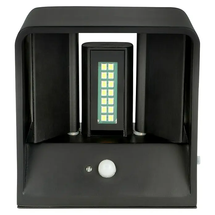 Lavida Aplique de pared con batería Lucca - L x An x Al: 10 x 10 x 8 cm, 1,2 W, Negro, Blanco cálido - Primer plano de una lámpara de pared LED negra con sensor de movimiento. Proporciona una iluminación brillante y eficiente.