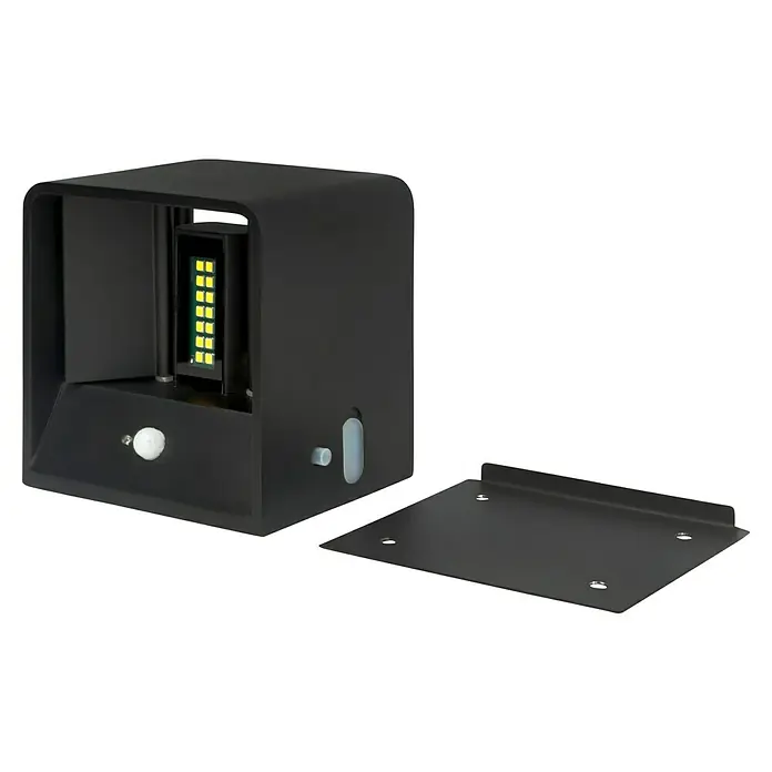 Lavida Aplique de pared con batería Lucca - L x An x Al: 10 x 10 x 8 cm, 1,2 W, Negro, Blanco cálido - Una lámpara de pared LED negra moderna con sensor de movimiento y placa de montaje desmontable para uso en exteriores.