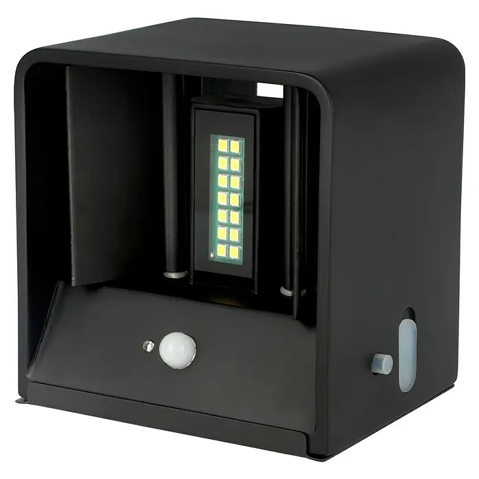 Lavida Aplique de pared con batería Lucca - L x An x Al: 10 x 10 x 8 cm, 1,2 W, Negro, Blanco cálido - Una luz exterior negra y moderna con panel LED y sensor de movimiento, diseñada para una iluminación exterior elegante y funcional.