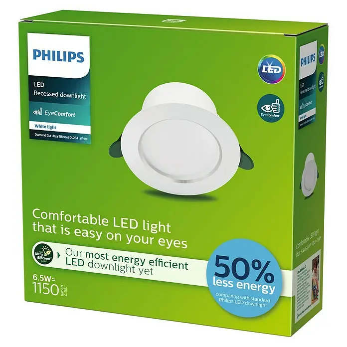 Philips Downlight LED empotrable Diamond Ultra Clase A - 6,5 W, Ø x Al: 15 x 4,95 cm, Blanco, Blanco cálido - Downlight empotrable LED Philips en blanco, eficiente energéticamente y respetuoso con la vista. La elección perfecta.