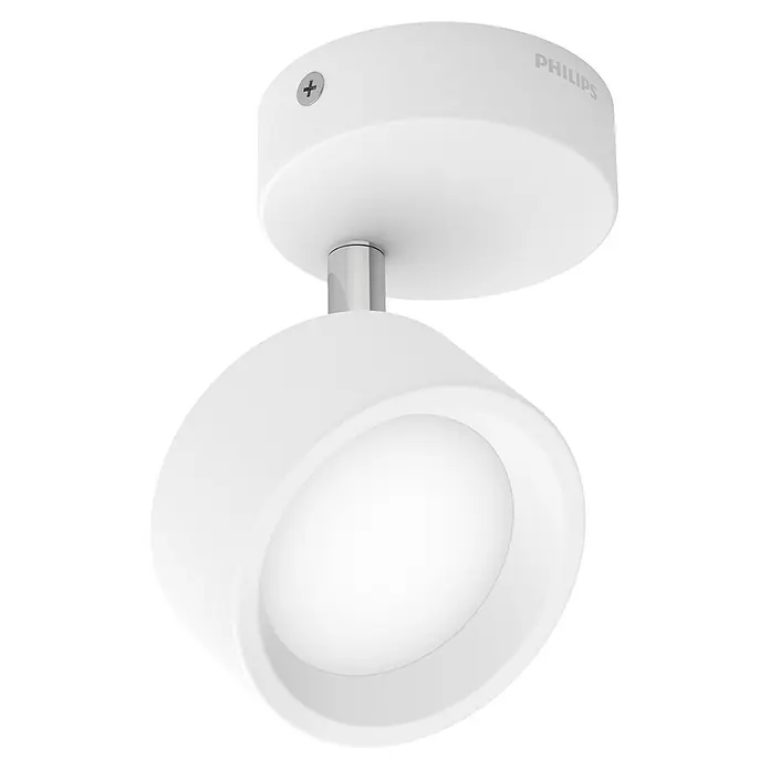 Philips Regleta LED Bracia - 5,5 W, L x An x Al: 9 x 9 x 12,5 cm, Blanco, Blanco cálido, 1 ud. - Primer plano de un plafón de techo blanco de Philips con un cabezal de foco redondo y ajustable y un diseño elegante.