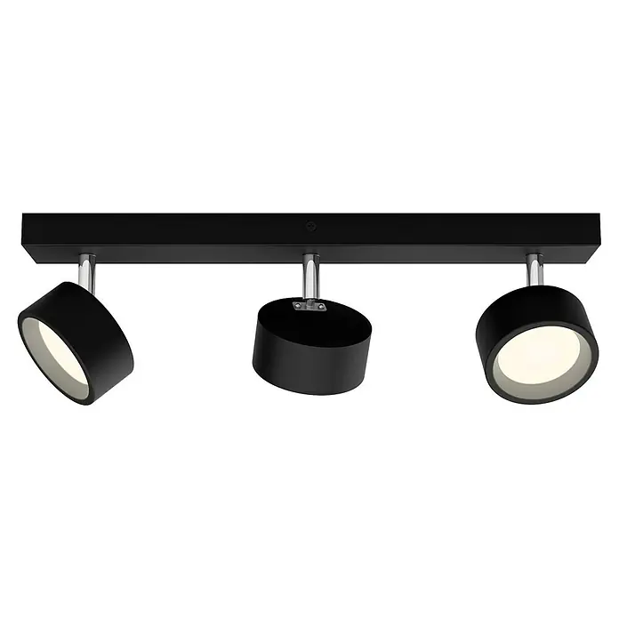 Philips Regleta LED Bracia - 16,5 W, L x An x Al: 43 x 8 x 12,5 cm, Negro, Blanco cálido, 3 ud. - Tres focos de techo negros modernos con detalles cromados, perfectos para una iluminación elegante en cualquier habitación.