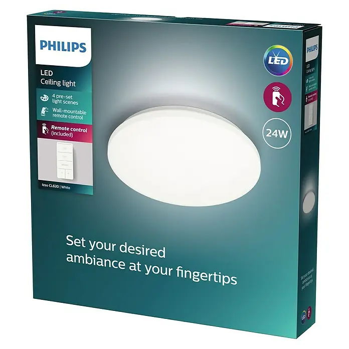 Philips Plafón LED redondo Izso - 24 W, Ø x Al: 34,7 x 6 cm, Blanco, Blanco cálido - Primer plano del embalaje de una lámpara de techo LED de Philips con control remoto y varios modos de iluminación para crear ambiente.