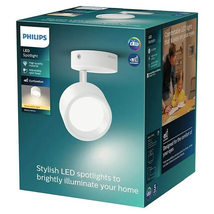 Philips Regleta LED Bracia - 5,5 W, L x An x Al: 9 x 9 x 12,5 cm, Blanco, Blanco cálido, 1 ud. - Embalaje de un foco LED Philips Bracia en blanco, que ofrece una iluminación LED de acento elegante para tu hogar que es suave para los ojos.