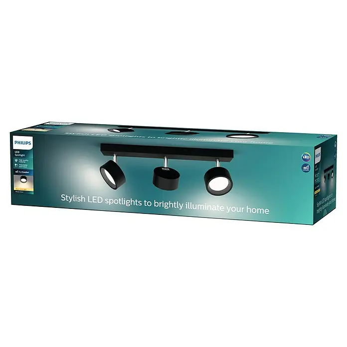 Philips Regleta LED Bracia - 16,5 W, L x An x Al: 43 x 8 x 12,5 cm, Negro, Blanco cálido, 3 ud. - Embalaje de un foco LED Philips con tres puntos para iluminar brillantemente tu hogar. Diseño elegante con cabezales ajustables.