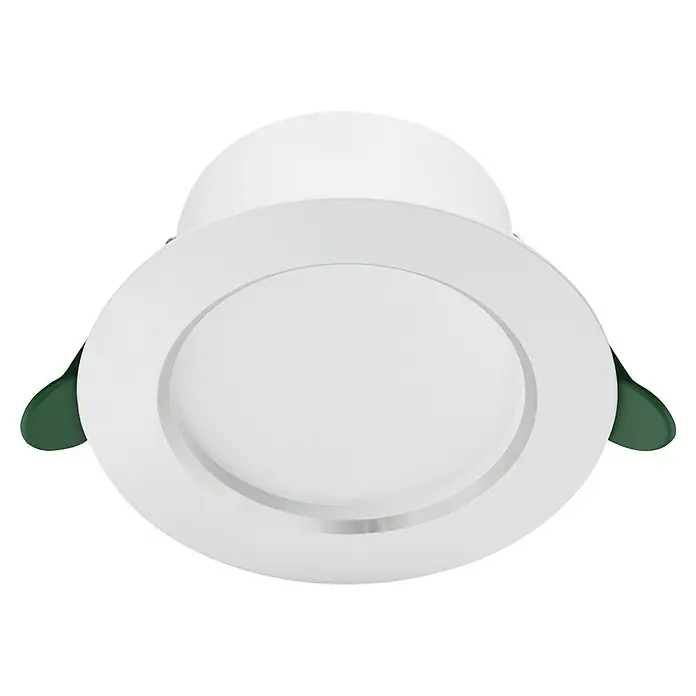 Philips Downlight LED empotrable Diamond Ultra Clase A - 6,5 W, Ø x Al: 15 x 4,95 cm, Blanco, Blanco cálido - Lámpara de techo LED blanca con borde redondo. El accesorio está fotografiado sobre un fondo negro.